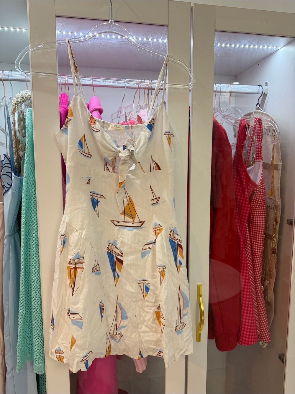 ILLA ILLA Cream Sailboat-Print Tie-Front Mini Dress with Blue & Mustard Accents